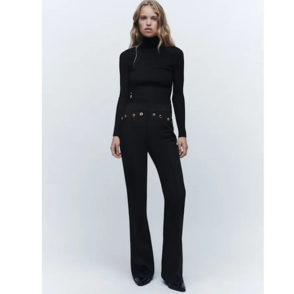 Zara Women's Metal Buttoned Black Flared High Rise Pants Trousers Size S - Picture 1 of 8